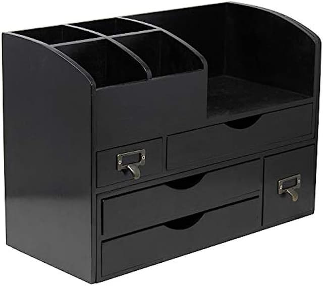 Executive Office Solutions Adjustable Wooden Desk Organizer For Desktop, Tabletop, Office or Counter – Wood Storage Shelf Rack For Office Supplies, Desk Accessories, or Mail – Black