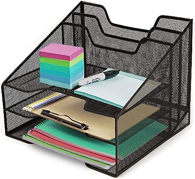Halter Mesh Desk Organizer for Office Supplies Organization - 5 Compartments - 3 Letter Tray and 2 Vertical Upright Folder Holder - Ideal Paper Sorter and File Organizer for Home or Office - Black