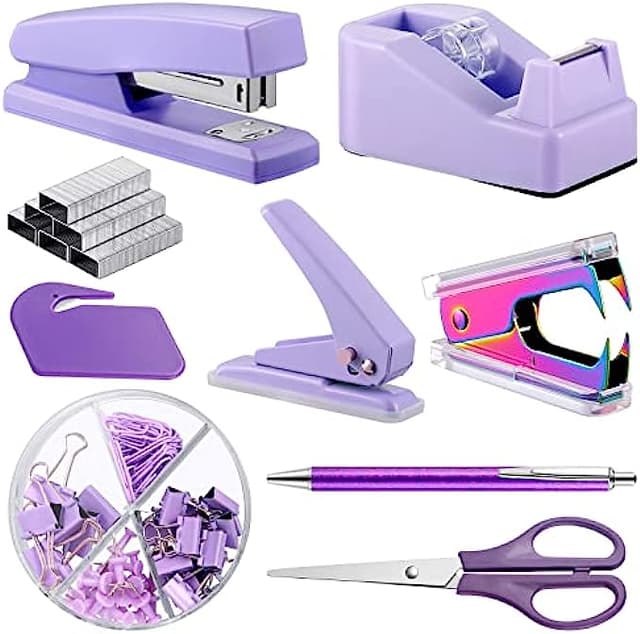 Office Supplies Set Desk Accessory Kit with Stapler Tape Dispenser Staple Remover Staples Hole Puncher Paper Clips Scissor and Letter Opener Ballpoint Pen for Office Clerks Student(Purple)