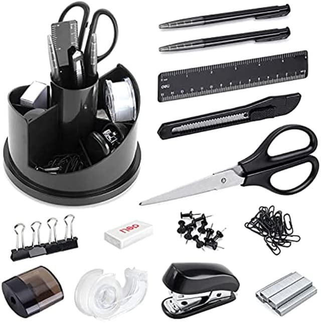 EZWORK Office Supplies Set, 14 Pcs Desk Accessory Organizer Kit with Rotating Multi-Functional Pen Holder, Stapler Set, Pens, Tape Dispenser, Sharpener, Scissor, Eraser, Binder Clips,Paper Clips