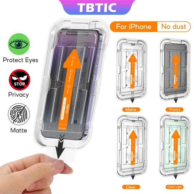 TBTIC For iPhone Screen Protector Tempered Glass 15 14 13 12 11 Pro Max Plus XR X Xs HD Matte Privacy Fingerprint Blueray Green Light With Auto Alignment Easy Install Full Coverage