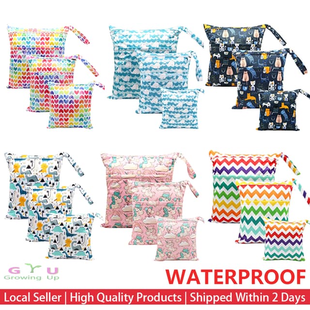GU [SG stock] Waterproof Wet Bag Nappy Bags Double Zip Large Size Baby Diaper Storage for swimming clothes
