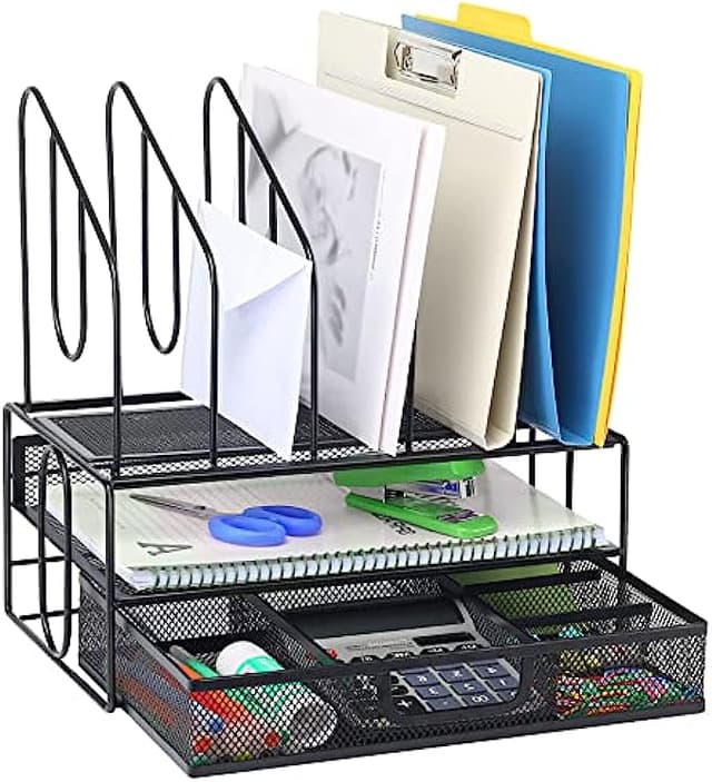 Desk Organizers and Accessories Storage, Desktop File Organizer with Drawer & Paper Tray, Large Office Supplies Organization, Mesh Work Desk Top File Folder Holder for Teacher Back School Gift, Bl