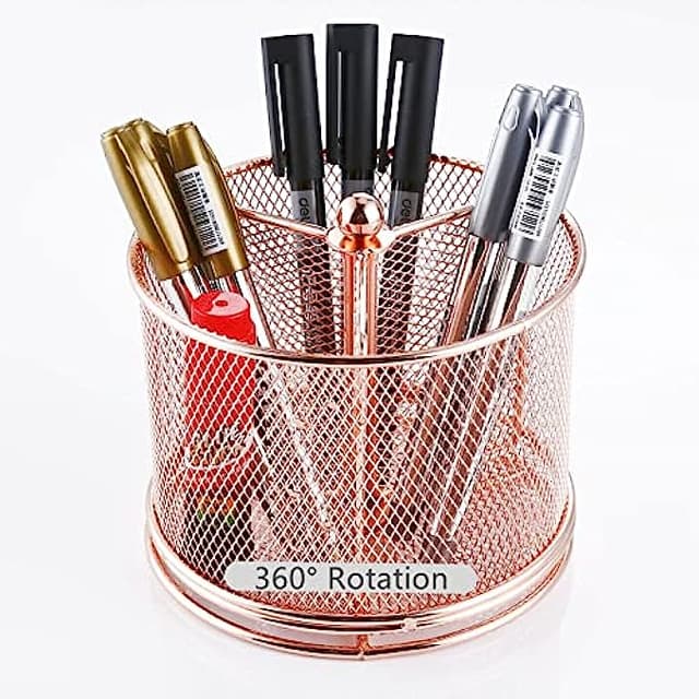 Pen Holder For Desk-360 Degree Rotating Multi Functional Pen Holder-Pencil Holder-Pen Organizer-Mesh Pen Organizer -Pen Storage For Desktop-Office School Home Pen Cup(Rose Gold)