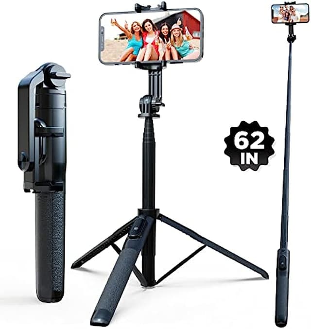 62" Selfie Stick, Extendable Selfie Stick Tripod with Wireless Remote, Portable & Lightweight Phone Holder for Video Recording, Selfies, Vlog, YouTube and TikTok, Phone Tripod Fit for All Cel