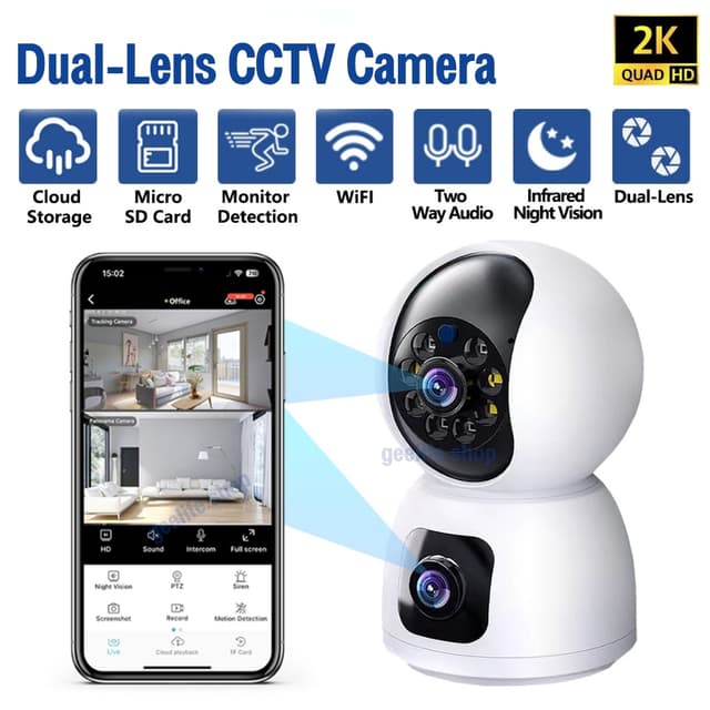 Dual Lens -dual screens CCTV home security camera Indoor 3MP 2K Two Way Talking Camera Phone Control Built-in Microphone