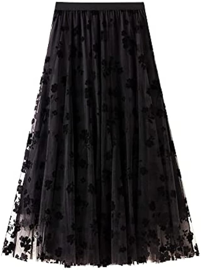 BABAMOON Women Chiffon Tulle Elastic Floral Print Mesh Overlay Layered A Line Midi Skirt