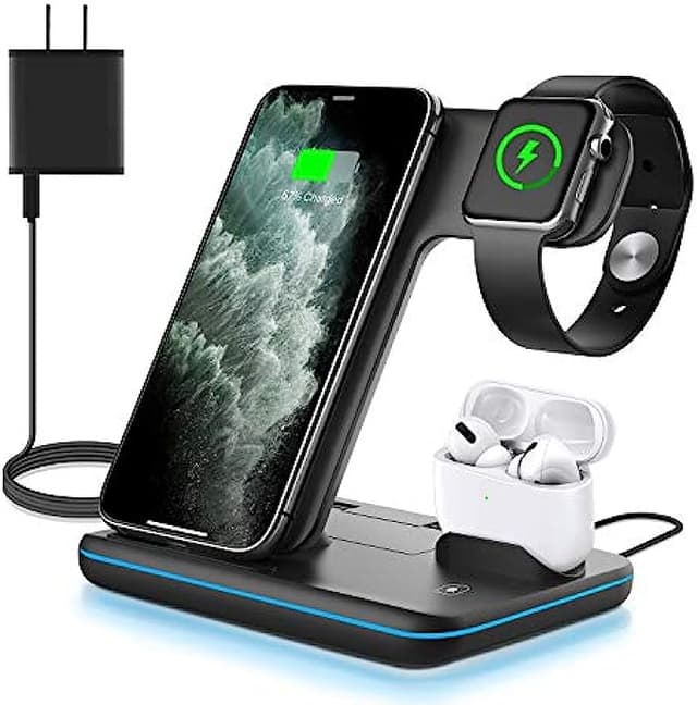 WAITIEE Wireless Charger 3 in 1, 15W Fast Charging Station for Apple iWatch 6/5/4/3/2/1,AirPods Pro,for 13Pro Max/13 Pro/13/12/11/11 Pro/X/Xr/Xs/8/Samsung Galaxy Phone Series (No Watch Charging Cable)