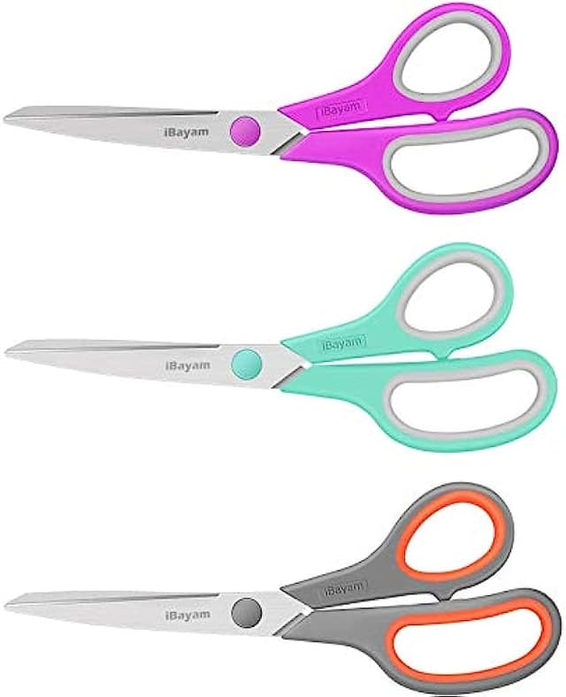 Scissors, iBayam 8" Multipurpose Scissors Bulk Ultra Sharp Shears, Comfort-Grip Sturdy Scissors for Office Home School Sewing Fabric Craft Supplies, Right/Left Handed, 3-Pack, Mint, Grey, Purple
